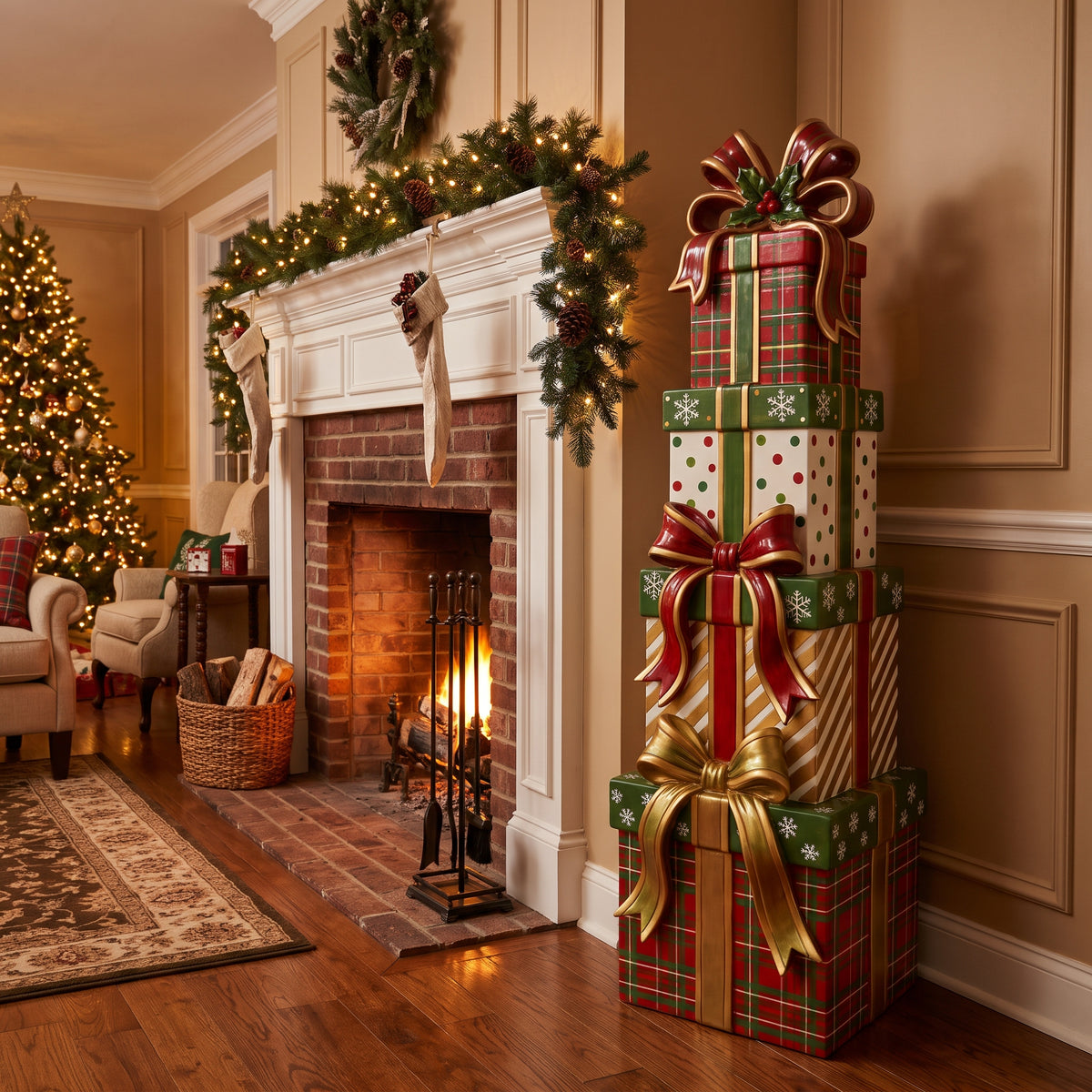 5-Foot Festive Plaid and Polka Dot Tiered Holiday Present Stack Polyresin Statue Christmas Decor