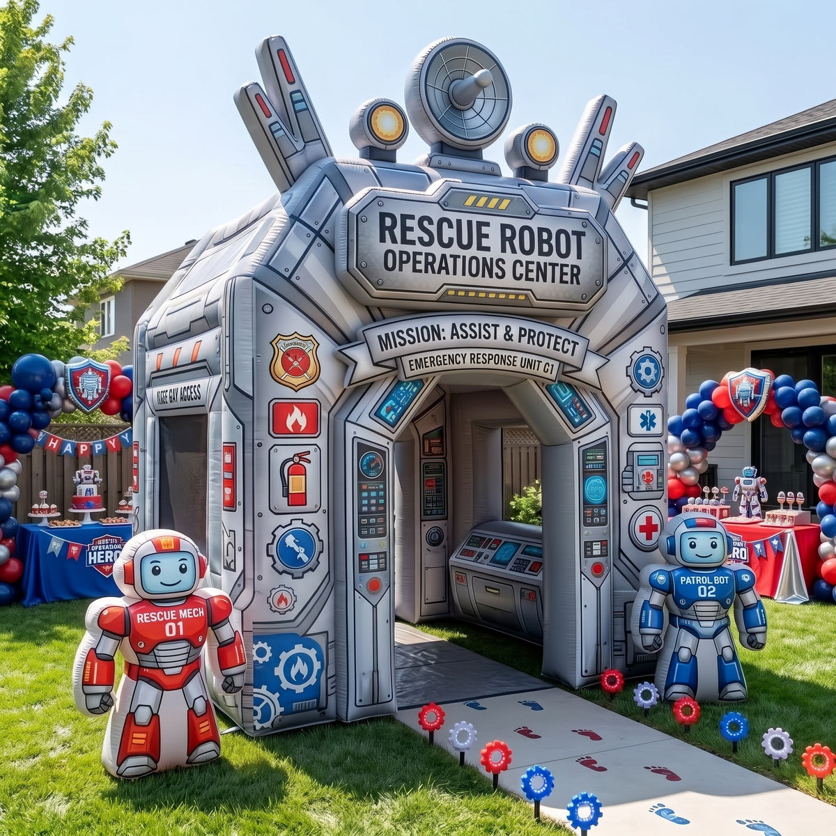 Rescue Robot Mech Theme Premium 10' x 10' Birthday House Inflatable Blow Up Walk-Through Archway Experience Decor Prop