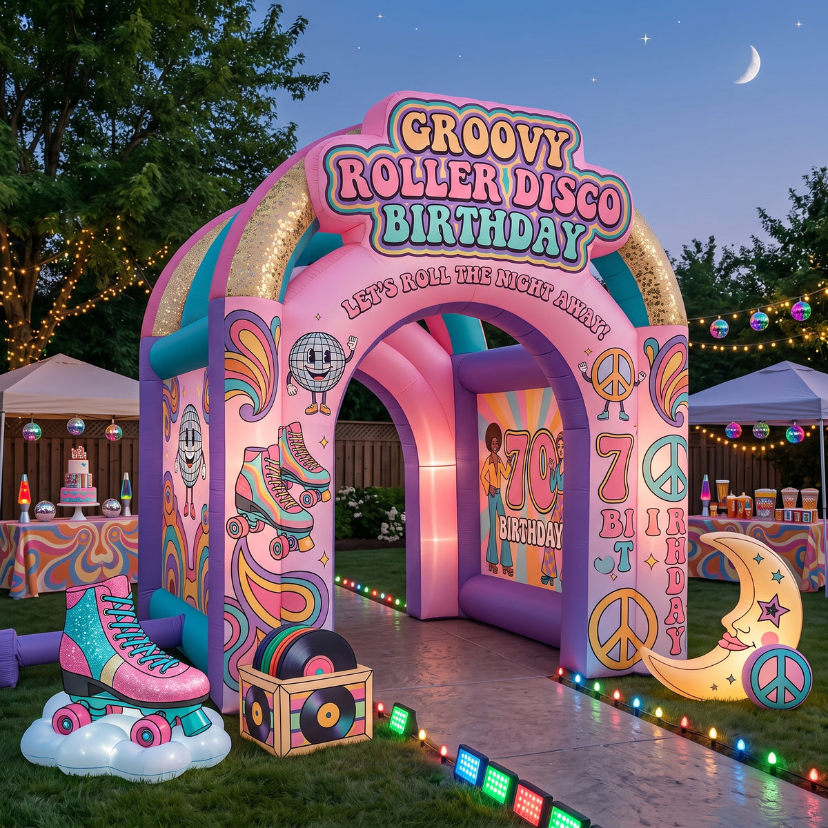 Roller Disco 70s Retro Theme Premium 10' x 10' Birthday House Inflatable Blow Up Walk-Through Archway Experience Decor Prop