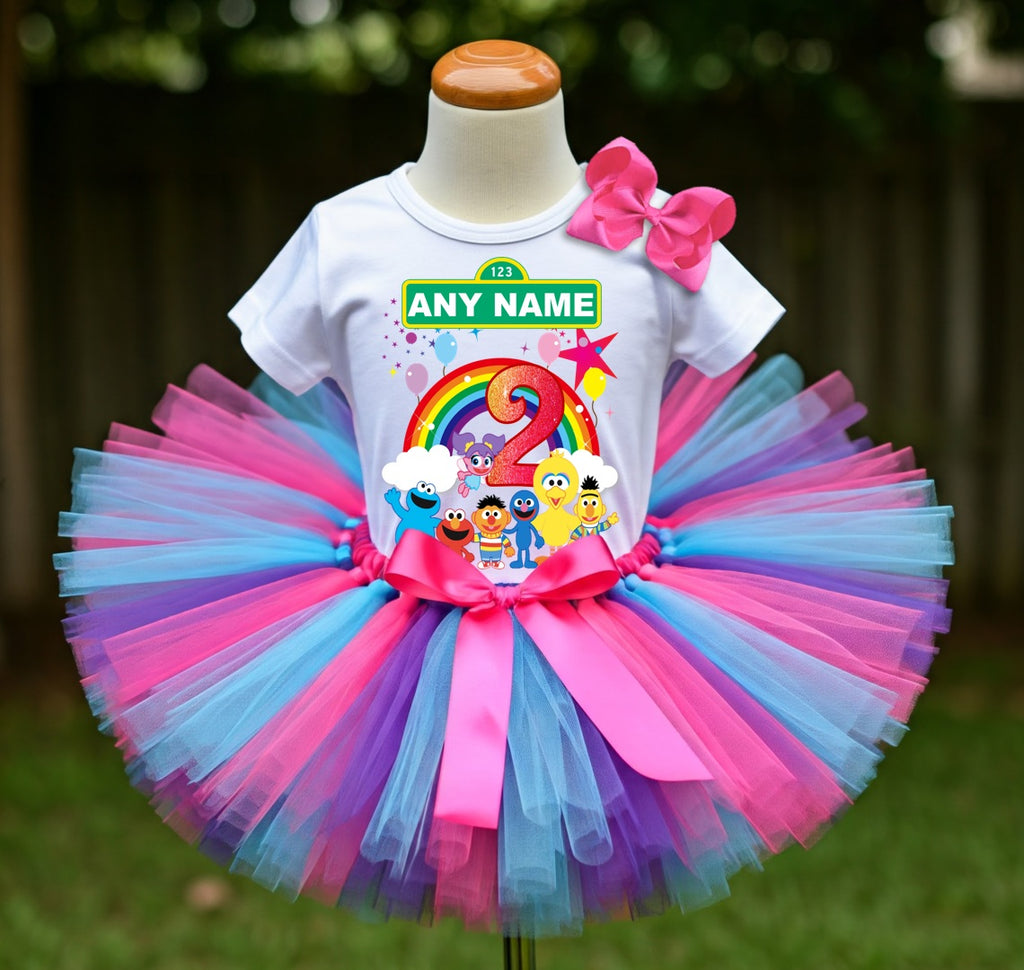 Sesame Street Chibi Cute Tutu Set Girls Personalized Custom Hot Pink Blue Purple Tutu Outfit Dress Theme Cake Smash Birthday Party