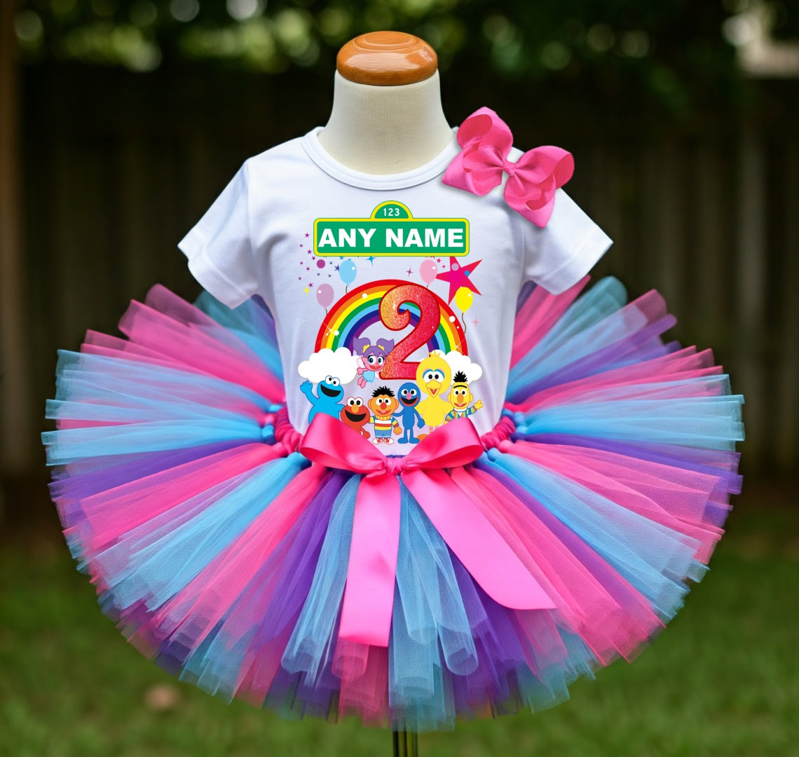 Sesame Street Chibi Cute Tutu Set Girls Personalized Custom Hot Pink Blue Purple Tutu Outfit Dress Theme Cake Smash Birthday Party