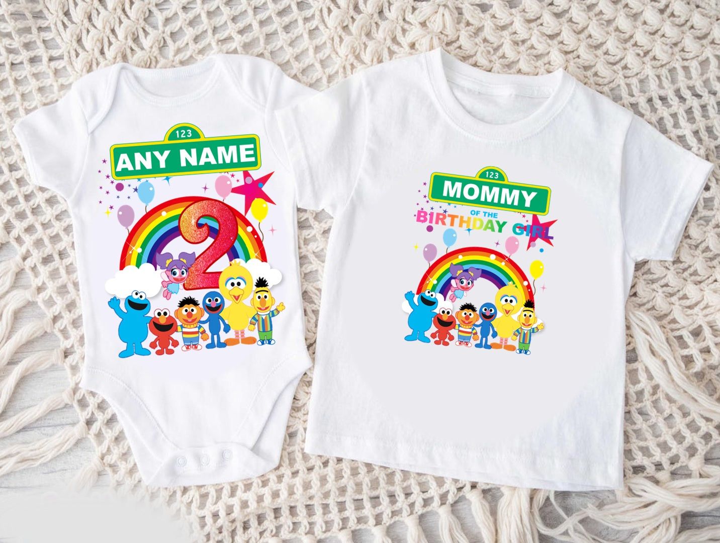 Sesame Street Chibi Cute Personalized Custom White Family T-Shirt or Onesie Pack Theme Cake Smash Birthday Party
