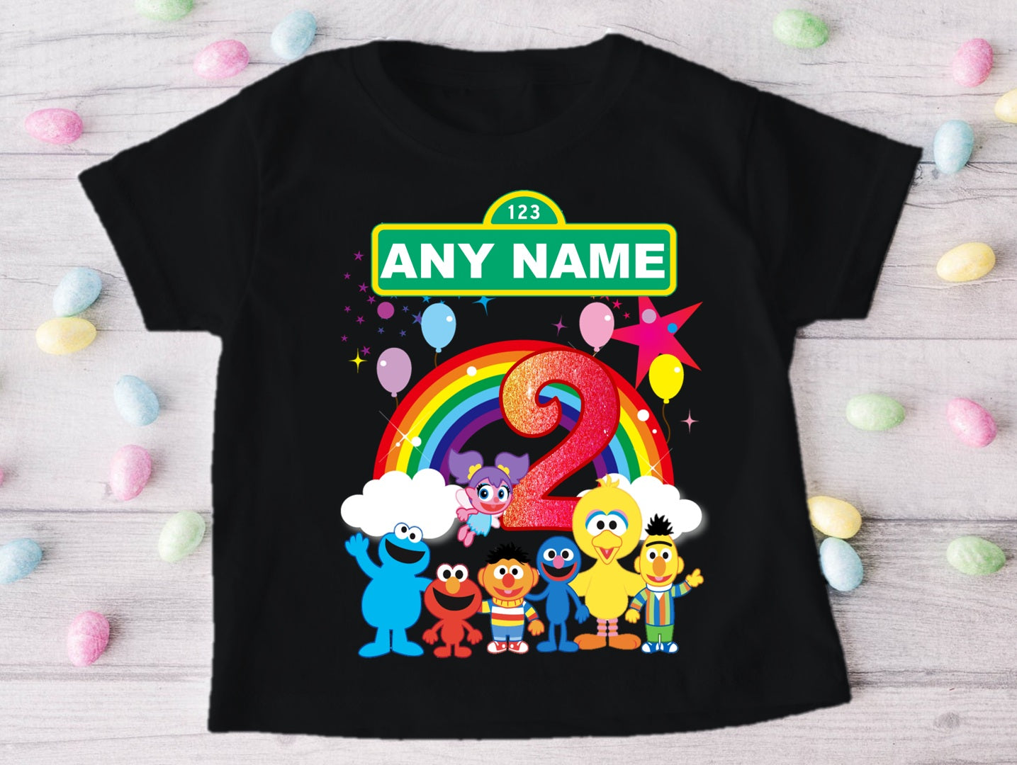 Sesame Street Chibi Cute Personalized Custom Black T-Shirt or Onesie Theme Cake Smash Birthday Party