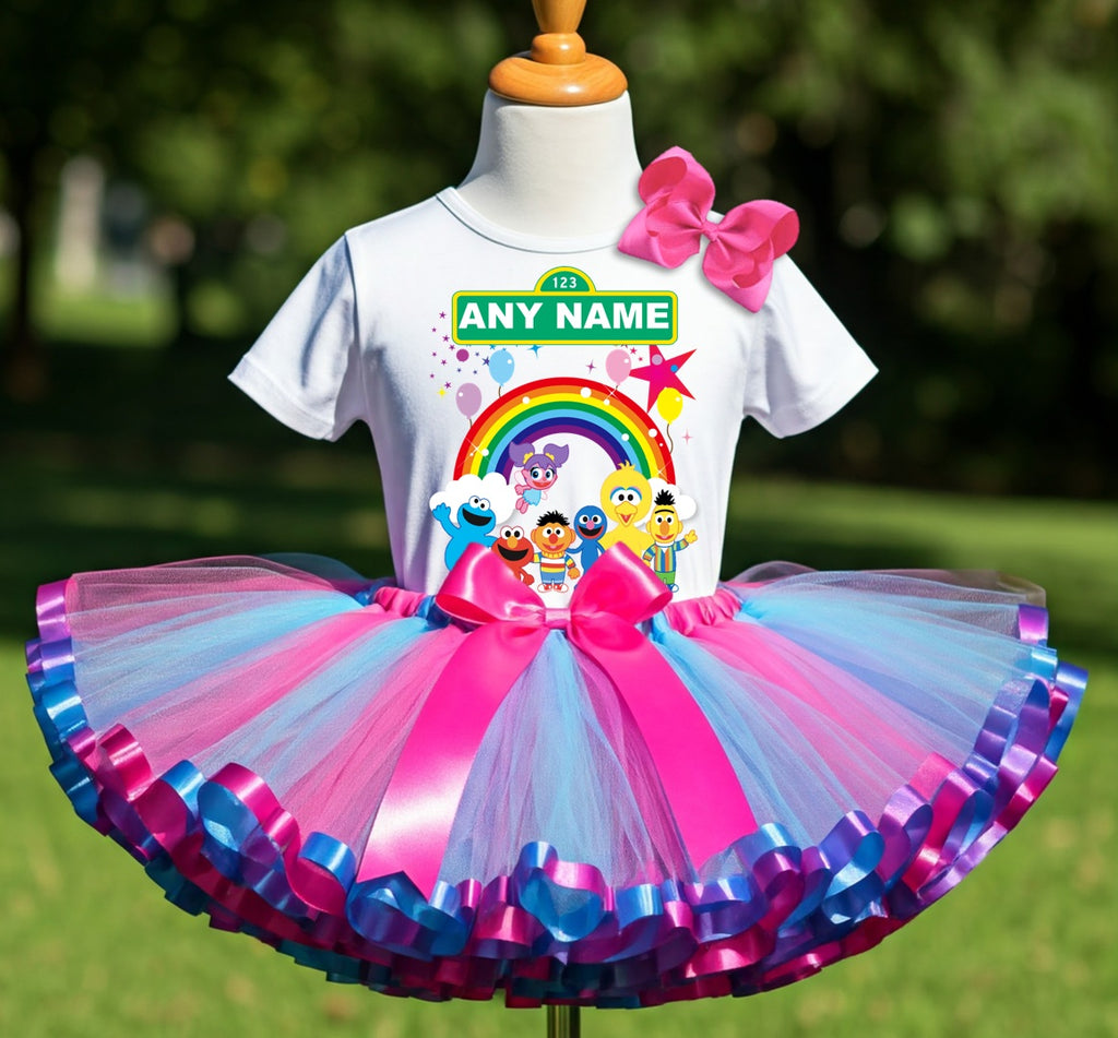 Sesame Street Chibi Cute Tutu Set Girls Personalized Custom Hot Pink Blue Purple Ribbon Sewn Trim Tutu Outfit Dress Theme Cake Smash Party
