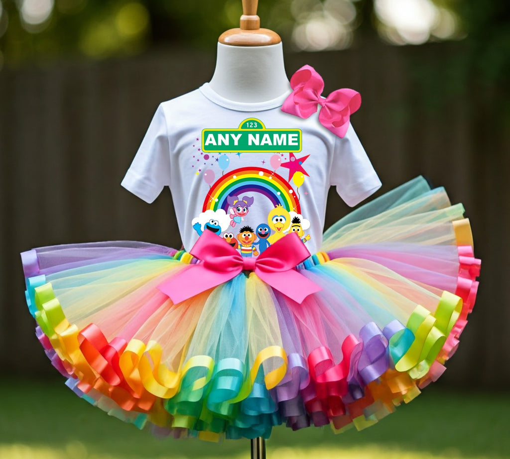 Sesame Street Chibi Cute Tutu Set Girls Personalized Custom Rainbow Ribbon Sewn Trim Tutu Outfit Dress Theme Cake Smash Party