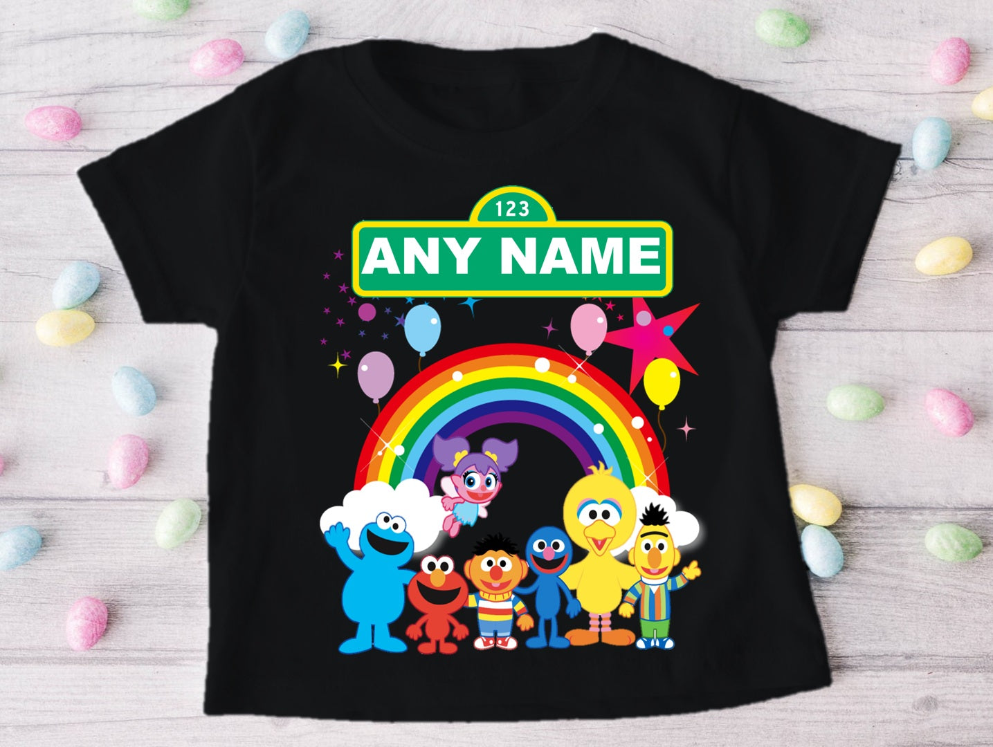 Sesame Street Chibi Cute Personalized Custom Black T-Shirt or Onesie Theme Cake Smash Party
