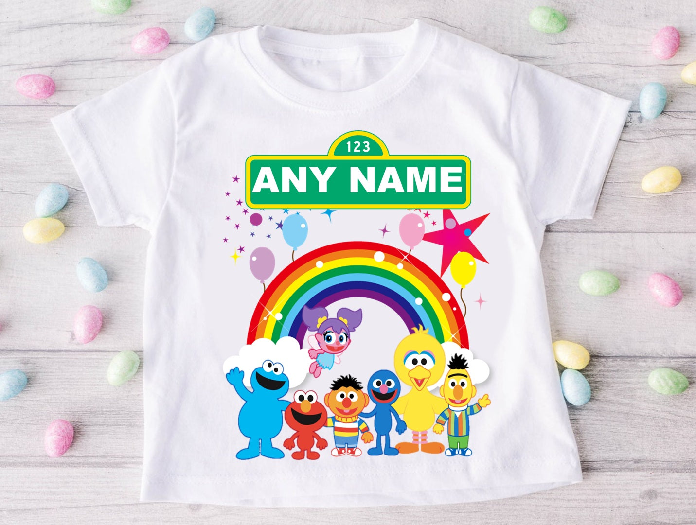Sesame Street Chibi Cute Personalized Custom White T-Shirt or Onesie Theme Cake Smash Party