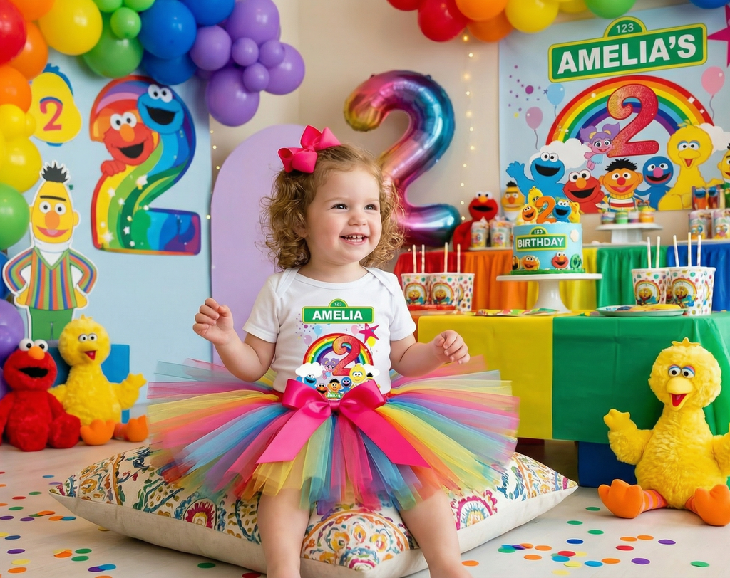 Sesame Street Chibi Cute Tutu Set Girls Personalized Custom Rainbow Tutu Outfit Dress Theme Cake Smash Birthday Party