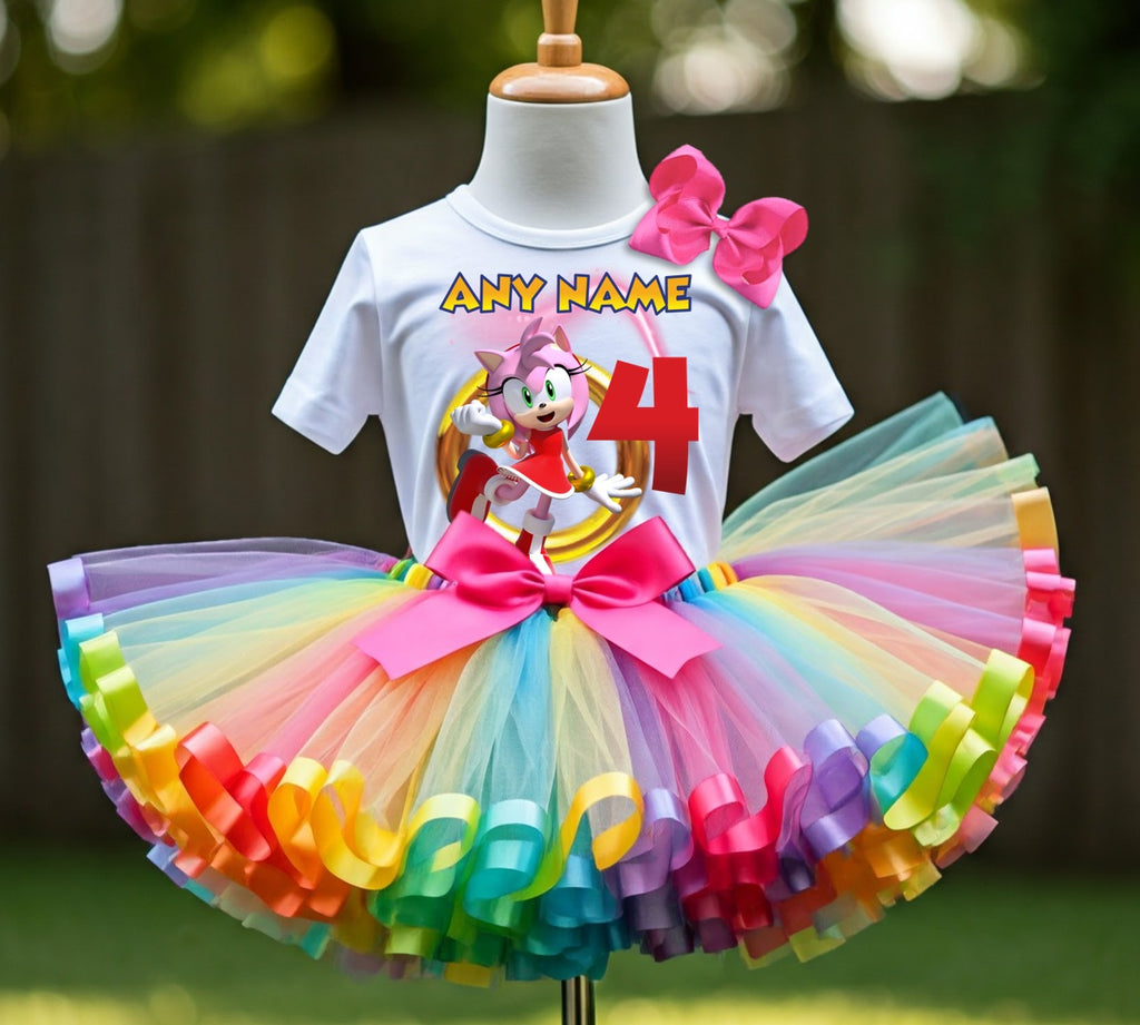 Sonic the Hedgehog Amy Rose Tutu Set Girls Personalized Custom Rainbow Ribbon Sewn Trim Tutu Outfit Dress Theme Cake Smash Birthday Party