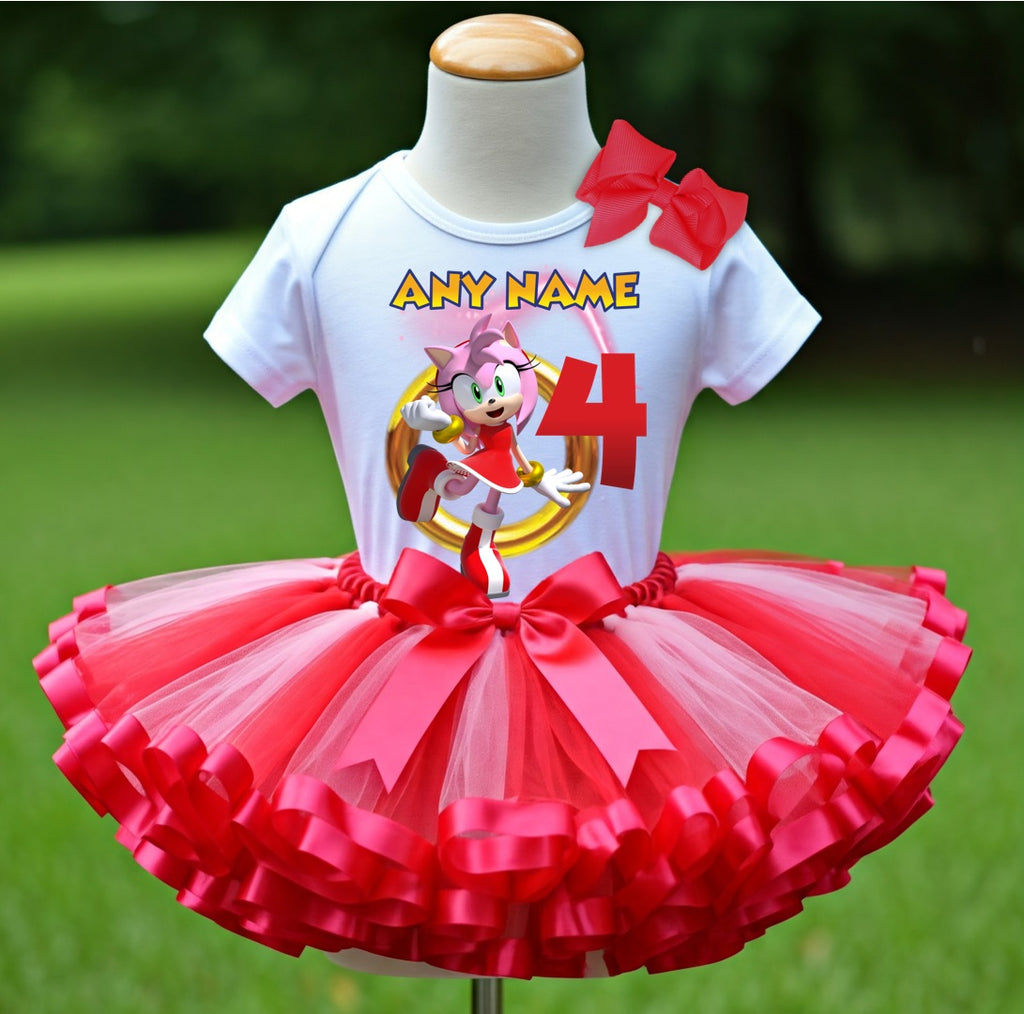 Sonic the Hedgehog Amy Rose Tutu Set Girls Personalized Custom Hot Pink Red Ribbon Sewn Trim Tutu Outfit Dress Theme Cake Smash Birthday Party