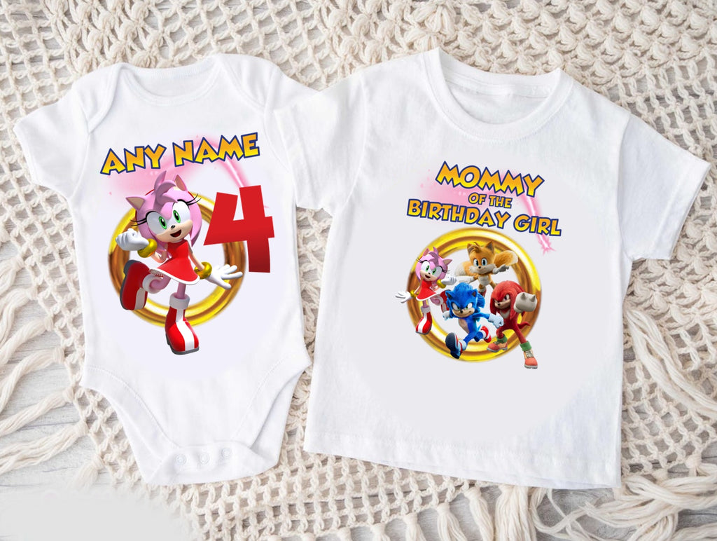 Sonic the Hedgehog Amy Rose Personalized Custom White Family T-Shirt or Onesie Pack Theme Cake Smash Birthday Party