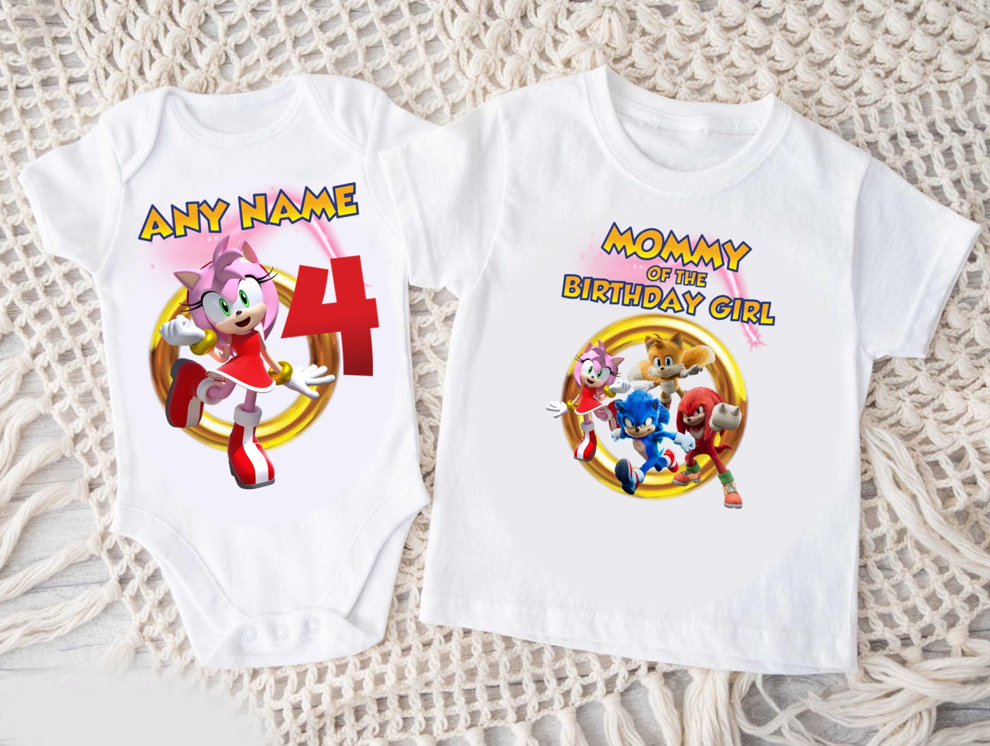 Sonic the Hedgehog Amy Rose Personalized Custom White Family T-Shirt or Onesie Pack Theme Cake Smash Birthday Party