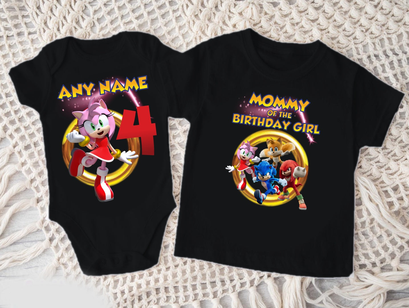 Sonic the Hedgehog Amy Rose Personalized Custom Black Family T-Shirt or Onesie Pack Theme Cake Smash Birthday Party