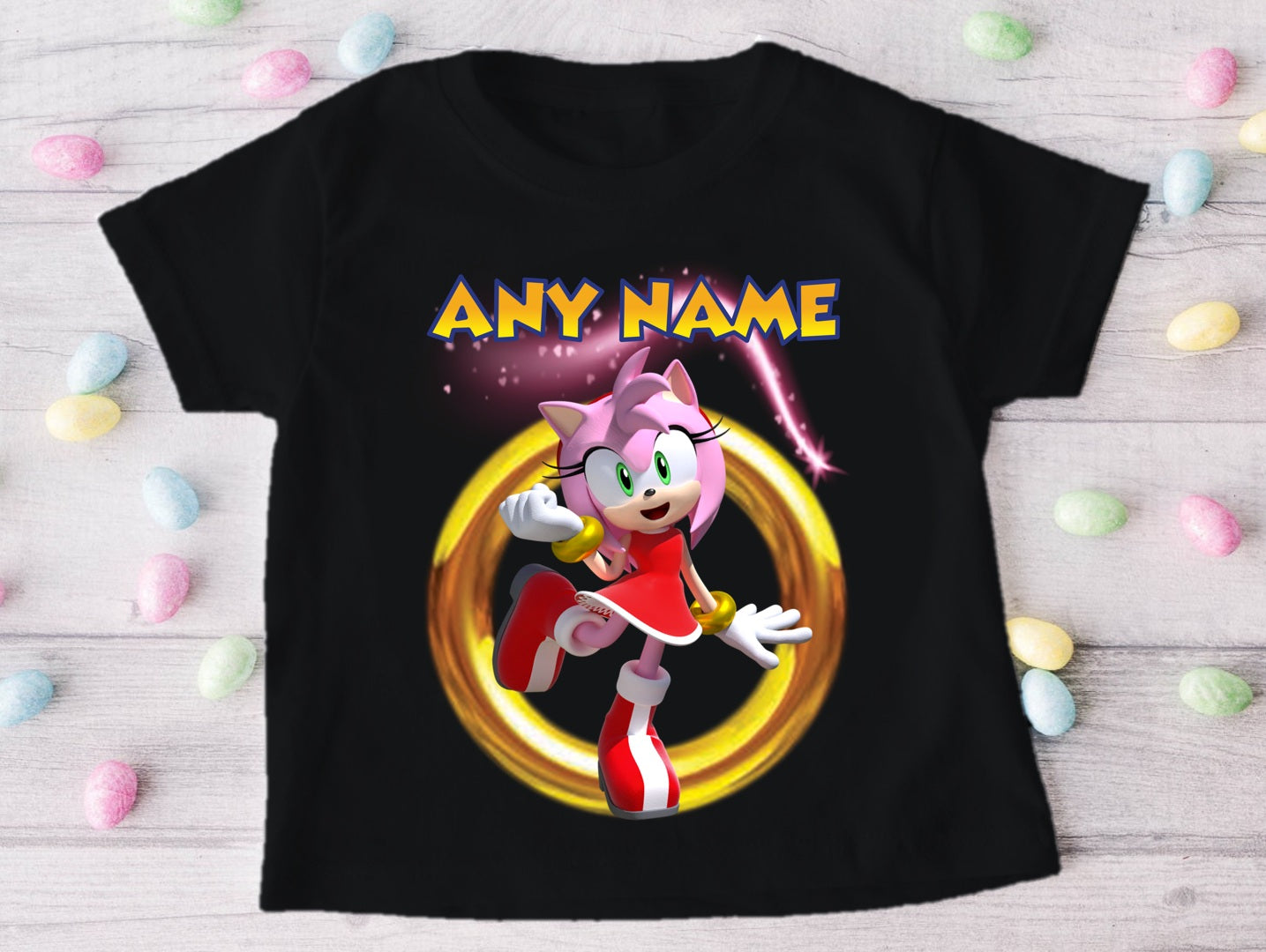 Sonic the Hedgehog Amy Rose Personalized Custom Black T-Shirt or Onesie Theme Cake Smash Party