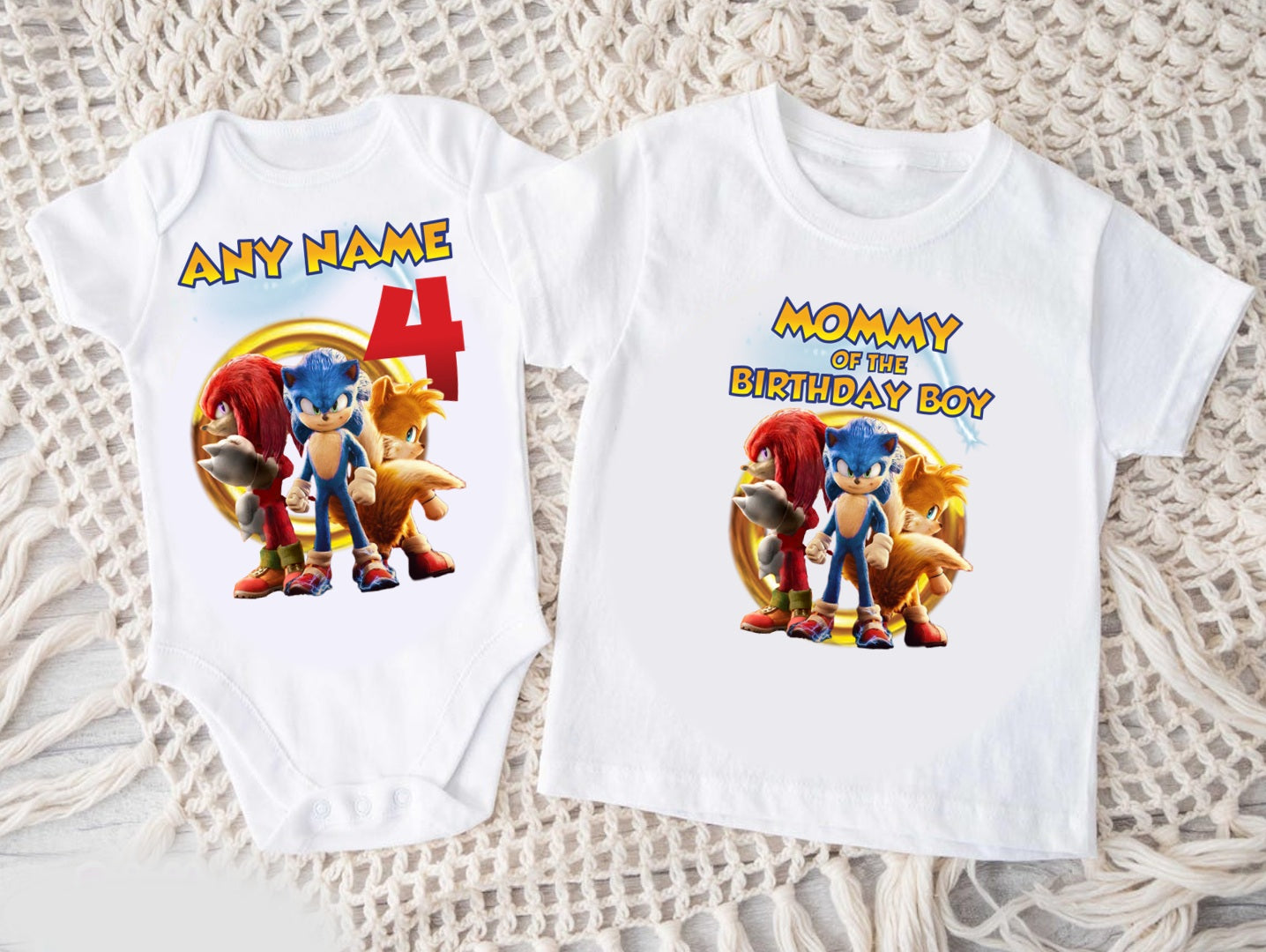 Sonic the Hedgehog Tails Knuckles Personalized Custom White Family T-Shirt or Onesie Pack Theme Cake Smash Birthday Party