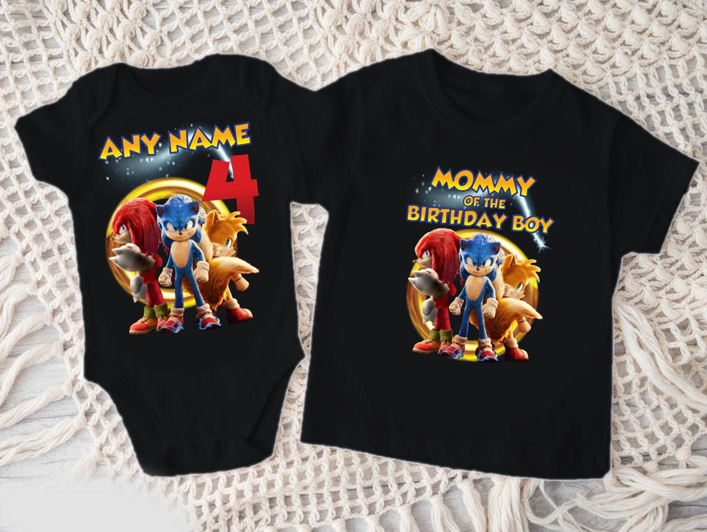 Sonic the Hedgehog Tails Knuckles Personalized Custom Black Family T-Shirt or Onesie Pack Theme Cake Smash Birthday Party