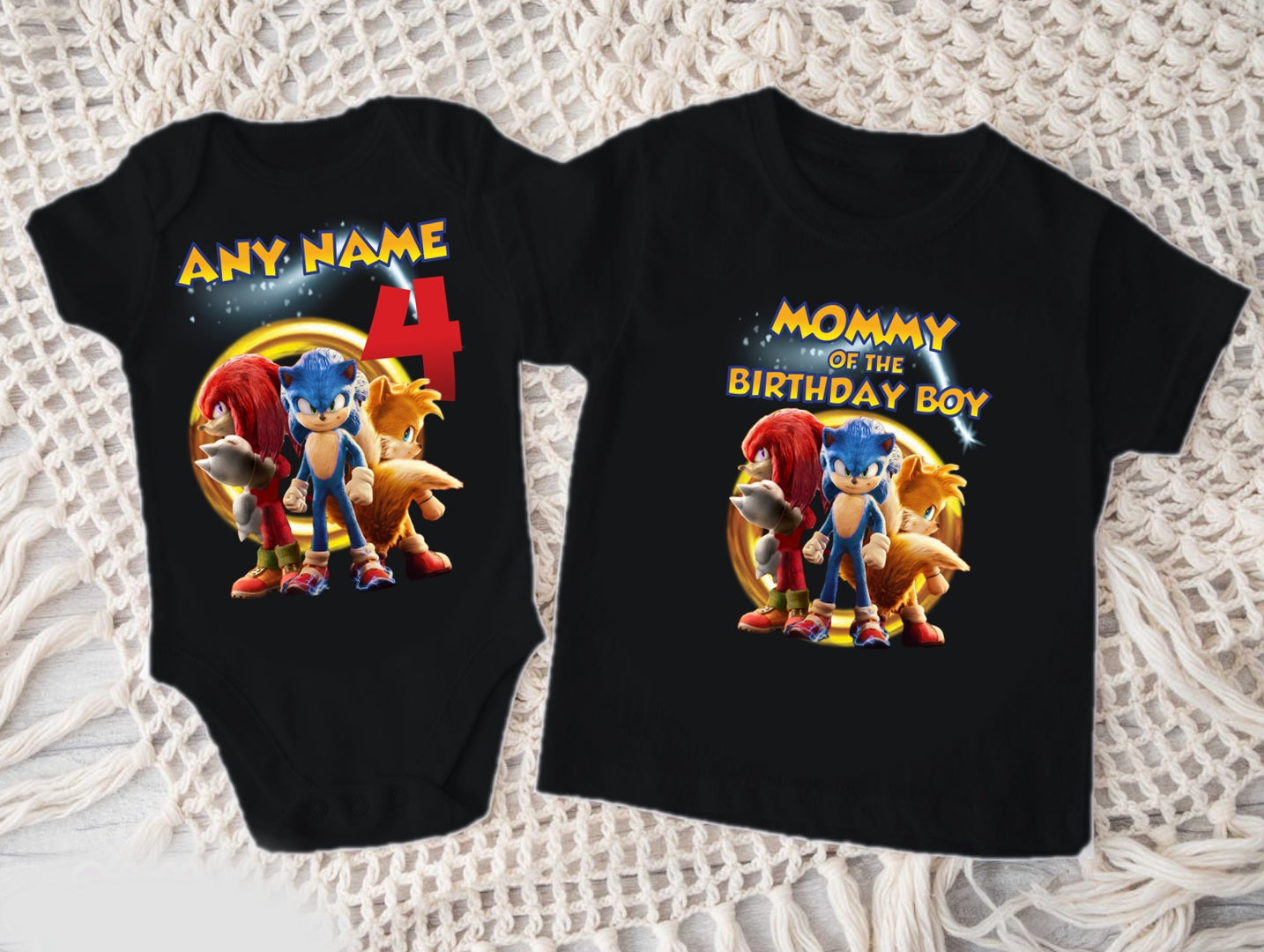Sonic the Hedgehog Tails Knuckles Personalized Custom Black Family T-Shirt or Onesie Pack Theme Cake Smash Birthday Party