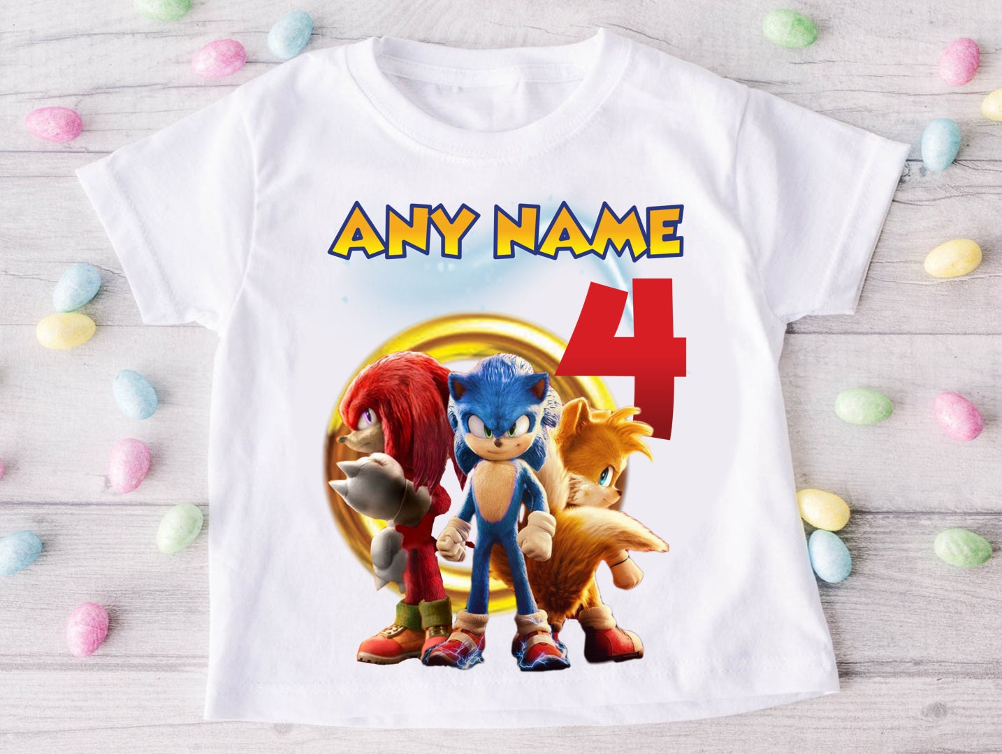 Sonic the Hedgehog Tails Knuckles Personalized Custom White Family T-Shirt or Onesie Pack Theme Cake Smash Birthday Party