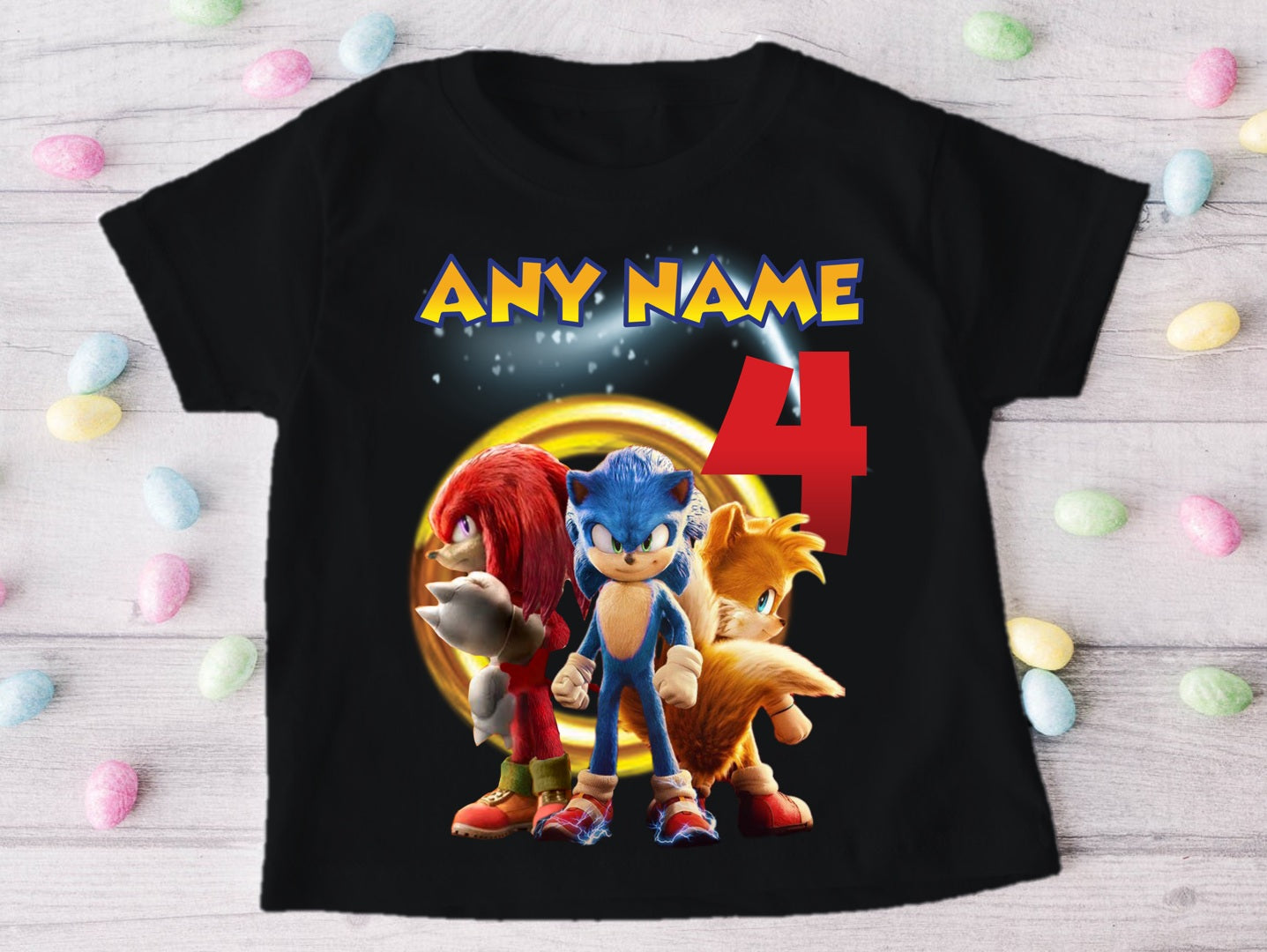 Sonic the Hedgehog Tails Knuckles Personalized Custom Black Family T-Shirt or Onesie Pack Theme Cake Smash Birthday Party