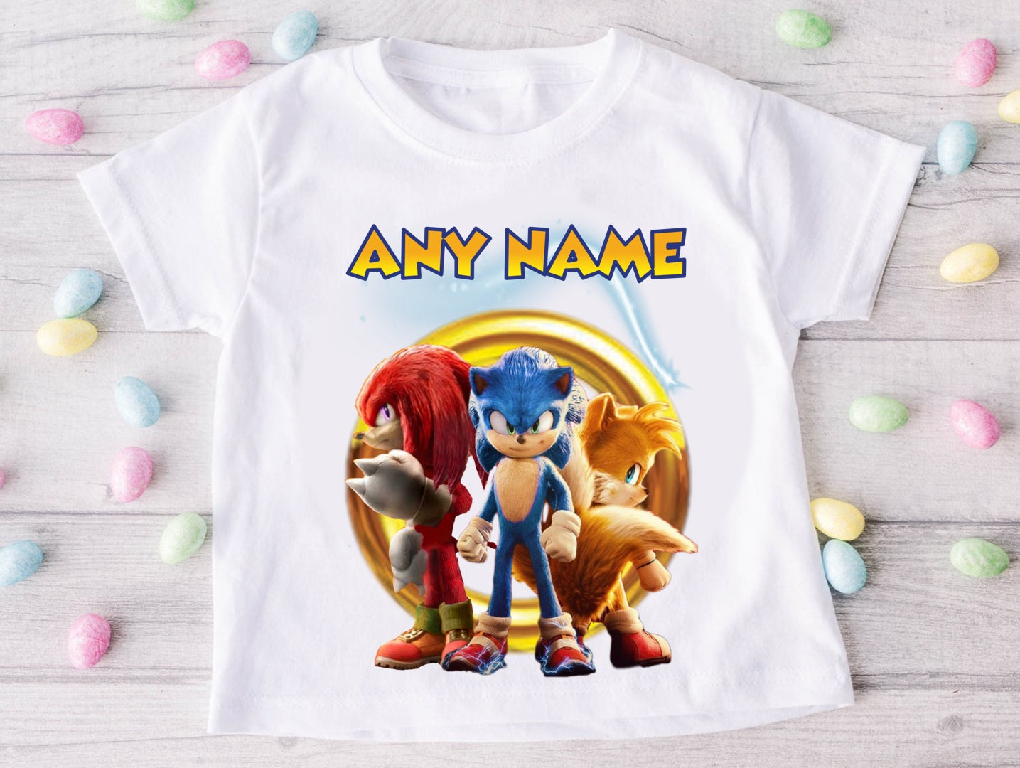 Sonic the Hedgehog Tails Knuckles Personalized Custom White T-Shirt or Onesie Theme Cake Smash Party