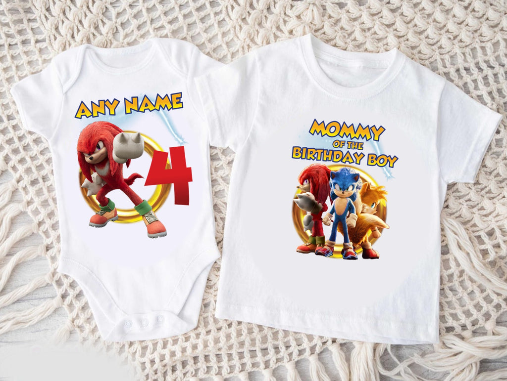 Sonic the Hedgehog Knuckles Personalized Custom White Family T-Shirt or Onesie Pack Theme Cake Smash Birthday Party