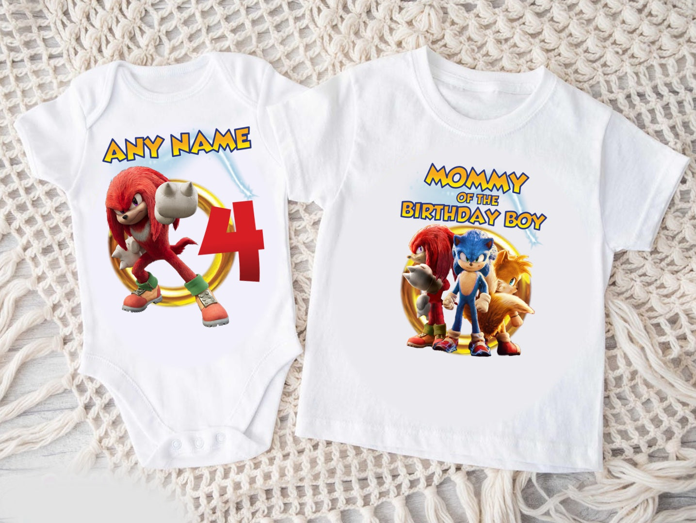 Sonic the Hedgehog Knuckles Personalized Custom White Family T-Shirt or Onesie Pack Theme Cake Smash Birthday Party