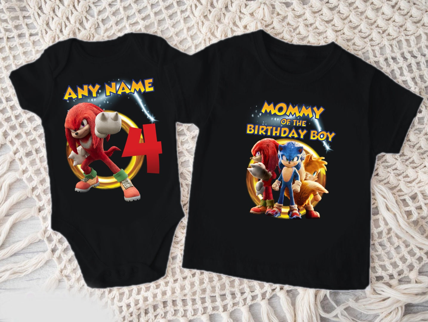 Sonic the Hedgehog Knuckles Personalized Custom Black Family T-Shirt or Onesie Pack Theme Cake Smash Birthday Party