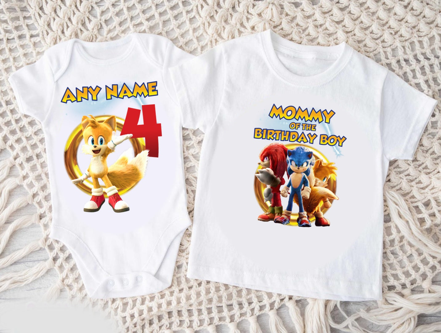 Sonic the Hedgehog Tails Personalized Custom White Family T-Shirt or Onesie Pack Theme Cake Smash Birthday Party