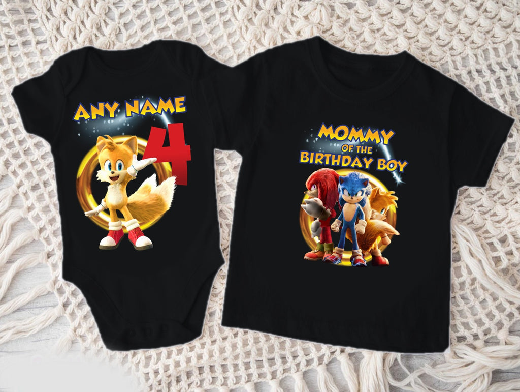 Sonic the Hedgehog Tails Personalized Custom Black Family T-Shirt or Onesie Pack Theme Cake Smash Birthday Party