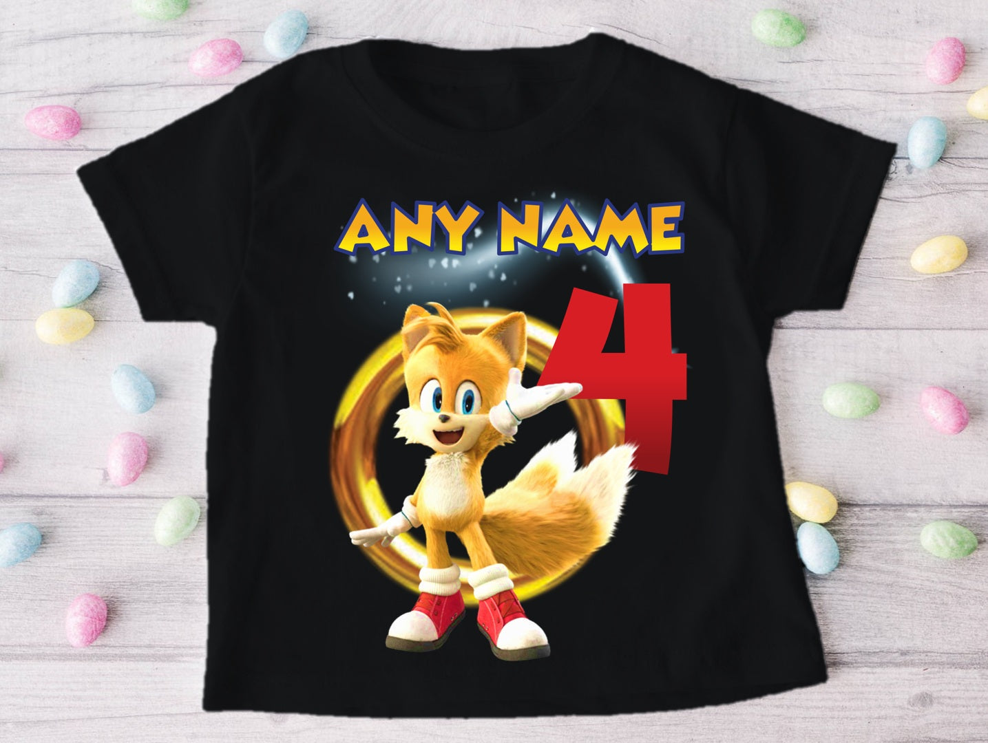 Sonic the Hedgehog Tails Personalized Custom Black T-Shirt or Onesie Theme Cake Smash Birthday Party