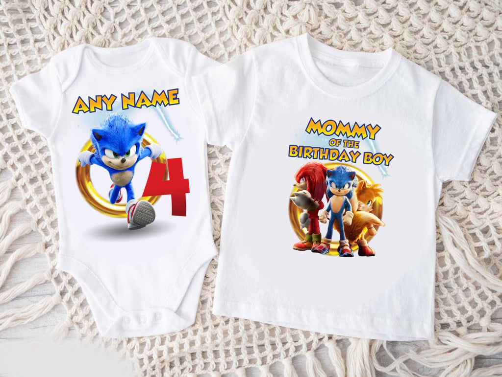 Sonic the Hedgehog Personalized Custom White Family T-Shirt or Onesie Pack Theme Cake Smash Birthday Party