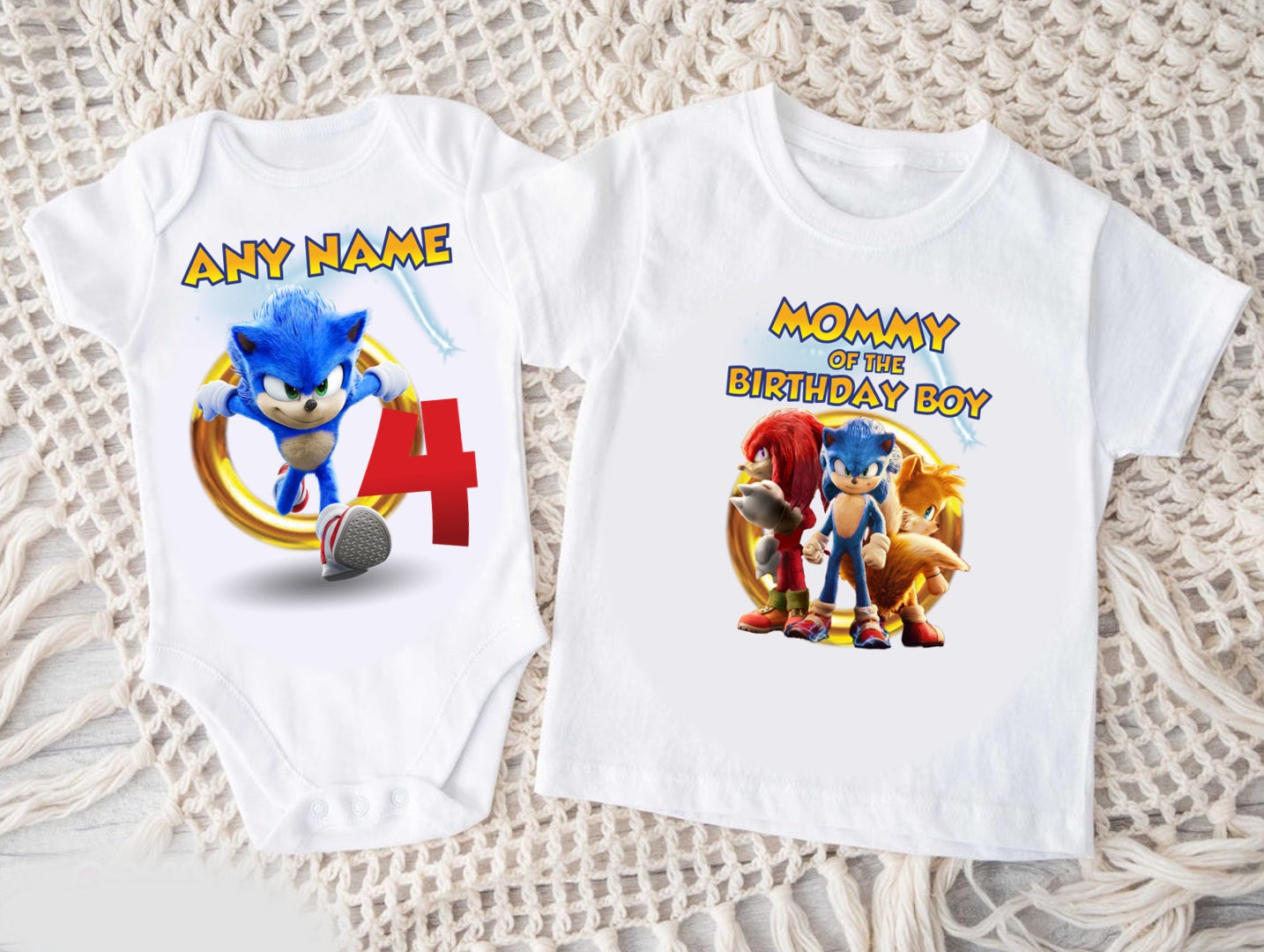 Sonic the Hedgehog Personalized Custom White Family T-Shirt or Onesie Pack Theme Cake Smash Birthday Party