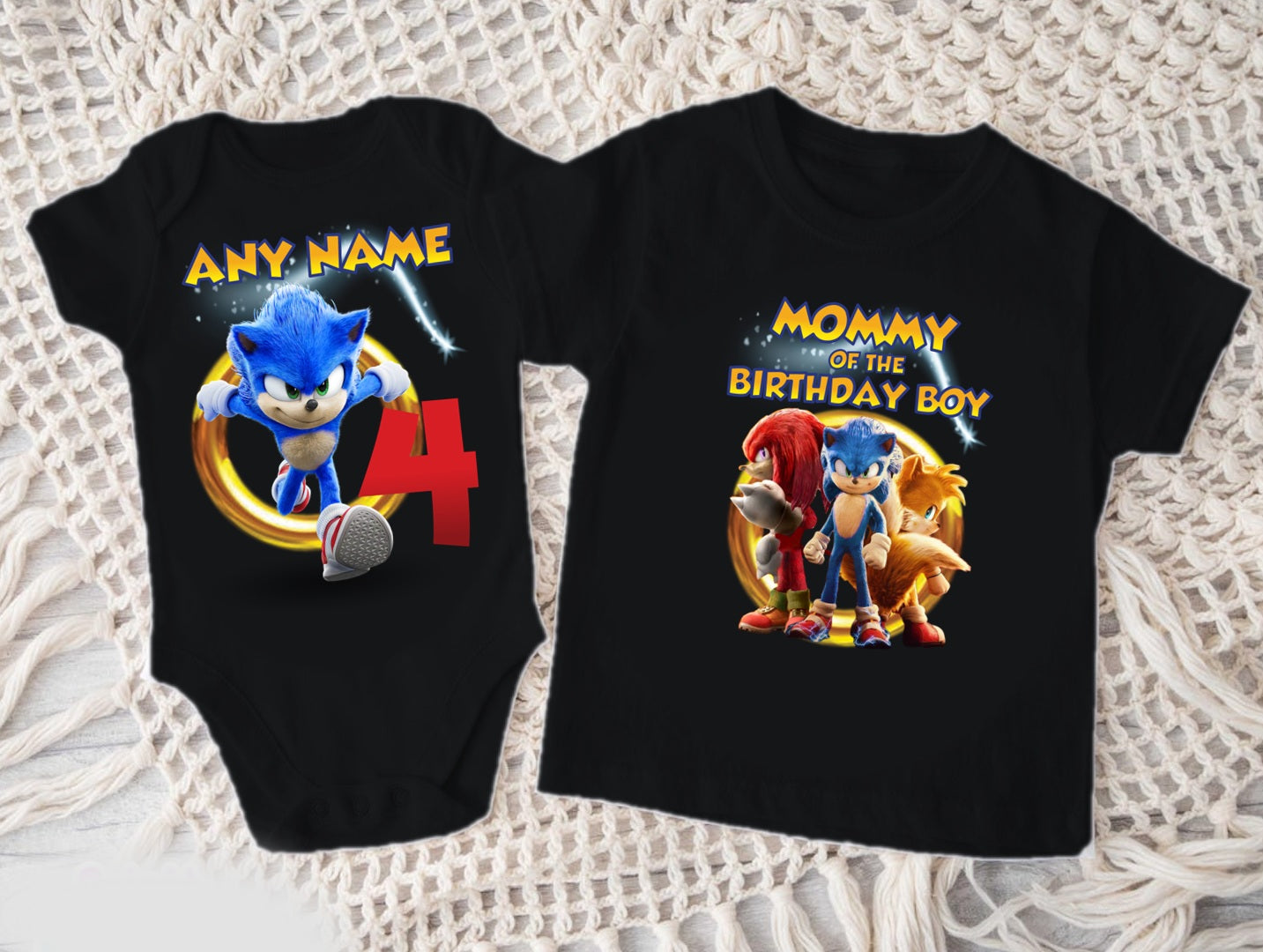 Sonic the Hedgehog Personalized Custom Black Family T-Shirt or Onesie Pack Theme Cake Smash Birthday Party