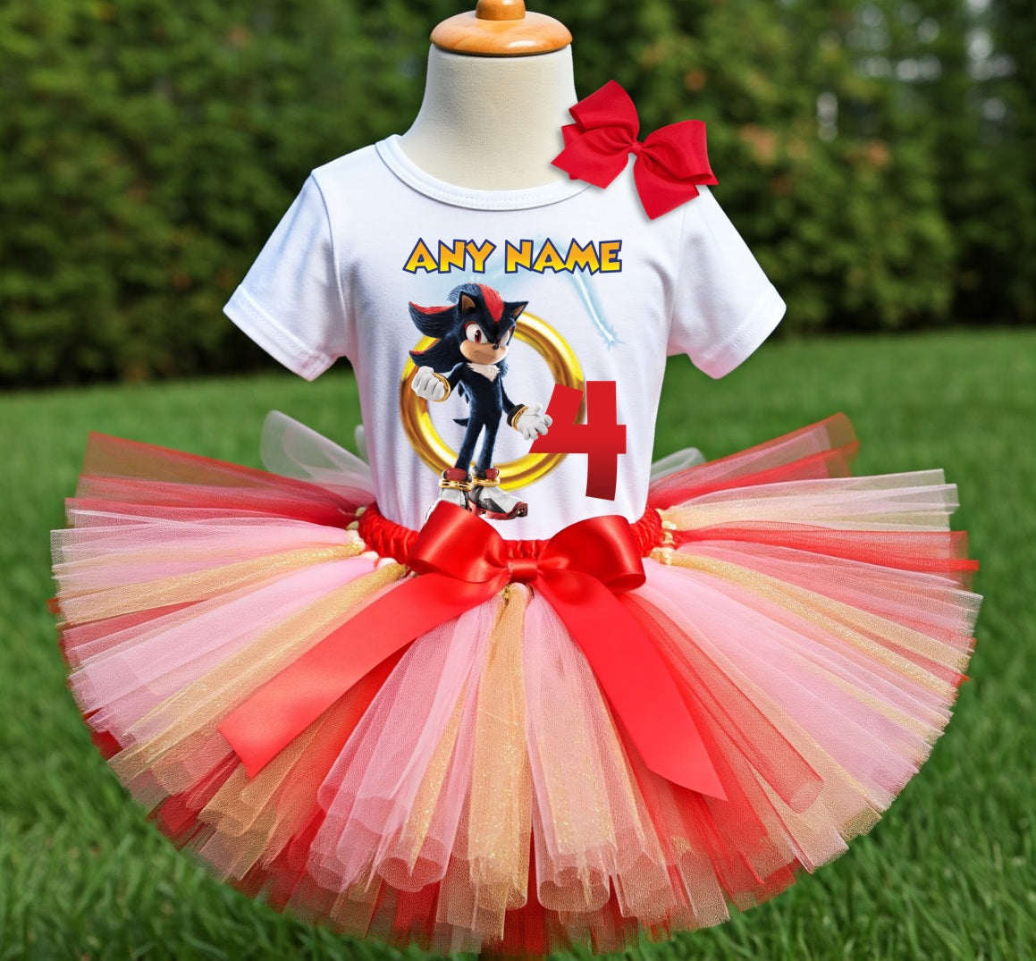 Sonic the Hedgehog Shadow Tutu Set Girls Personalized Custom Gold Red Pink Tutu Outfit Dress Theme Cake Smash Birthday Party