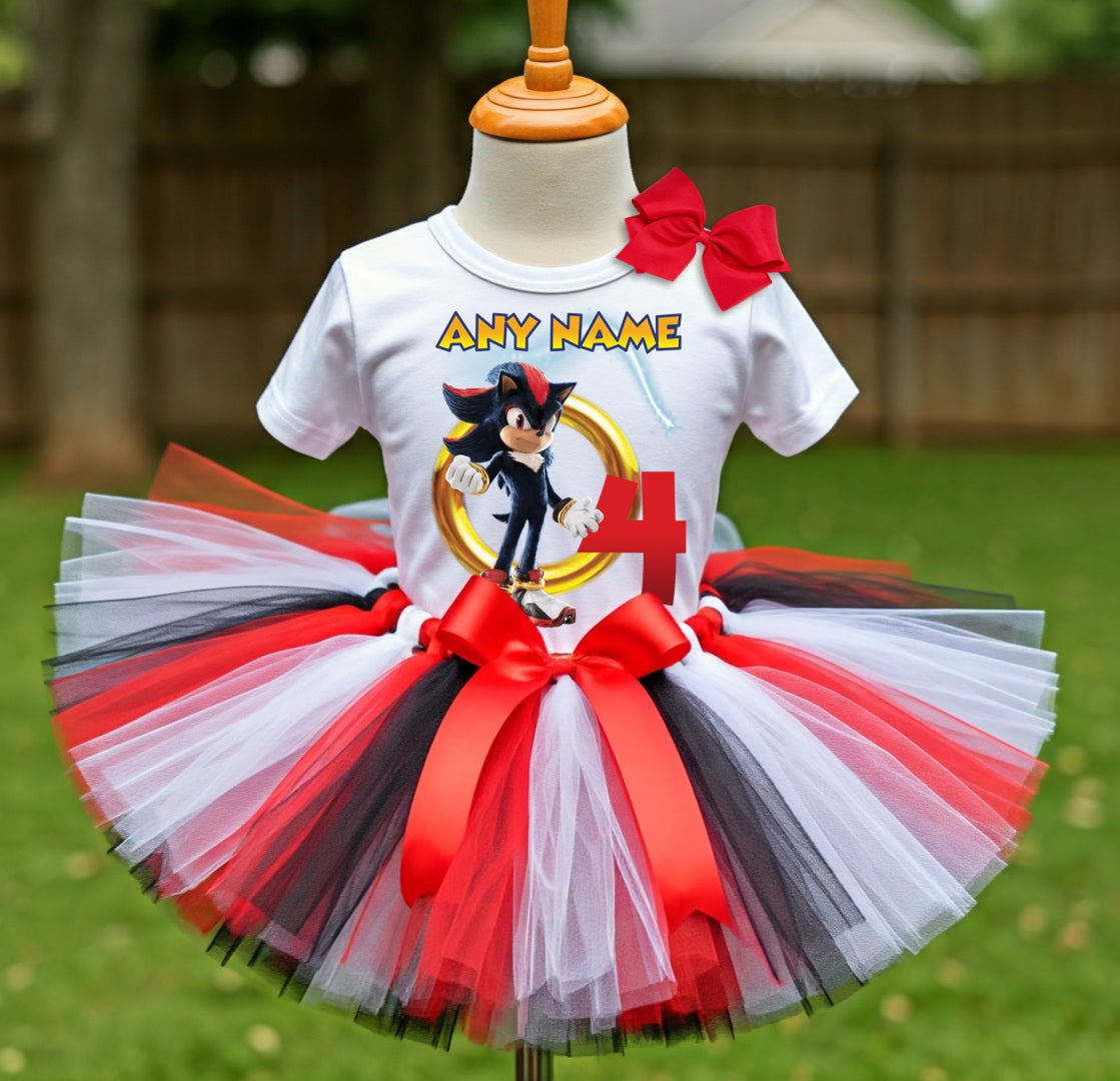 Sonic the Hedgehog Shadow Tutu Set Girls Personalized Custom Black Red White Tutu Outfit Dress Theme Cake Smash Birthday Party