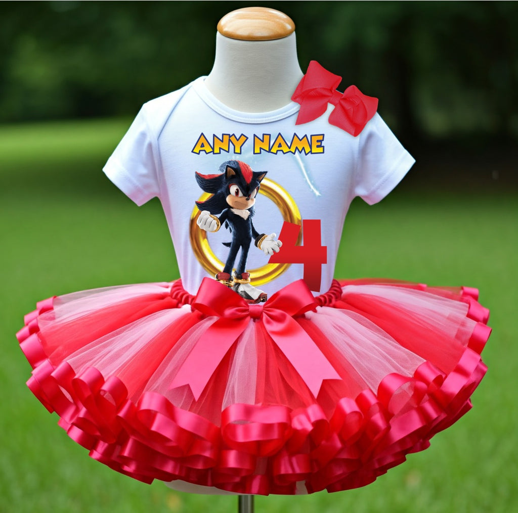 Sonic the Hedgehog Shadow Tutu Set Girls Personalized Custom Hot Pink Red Ribbon Sewn Trim Tutu Outfit Dress Theme Cake Smash Birthday Party