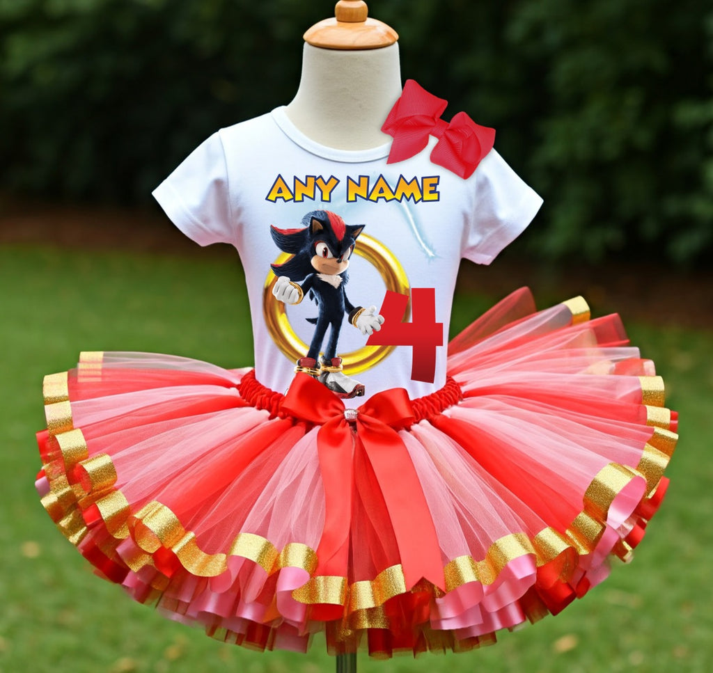 Sonic the Hedgehog Shadow Tutu Set Girls Personalized Custom Gold Pink Red Ribbon Sewn Trim Tutu Outfit Dress Theme Cake Smash Birthday Party