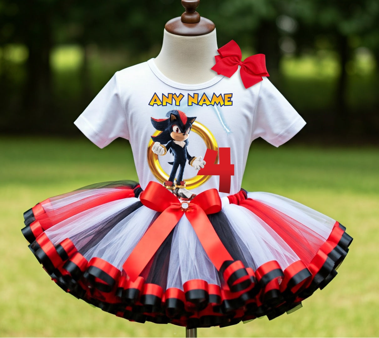 Sonic the Hedgehog Shadow Tutu Set Girls Personalized Custom Black White Red Ribbon Sewn Trim Tutu Outfit Dress Theme Cake Smash Birthday Party
