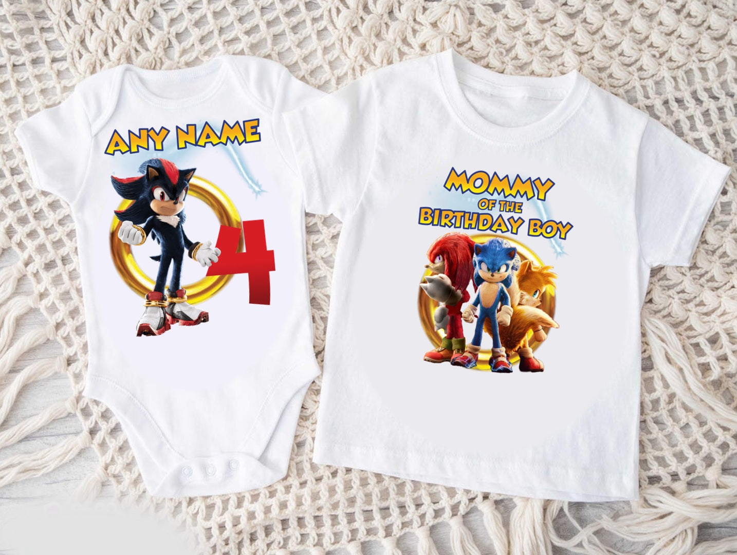 Sonic the Hedgehog Shadow Personalized Custom White Family T-Shirt or Onesie Pack Theme Cake Smash Birthday Party