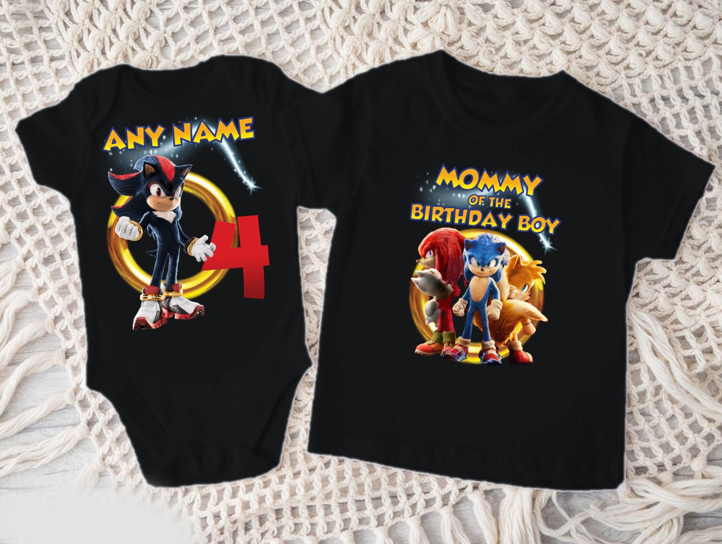 Sonic the Hedgehog Shadow Personalized Custom Black Family T-Shirt or Onesie Pack Theme Cake Smash Birthday Party