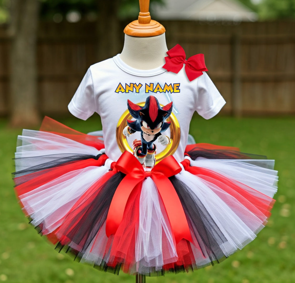 Sonic the Hedgehog Shadow Tutu Set Girls Personalized Custom Black Red White Tutu Outfit Dress Theme Cake Smash Party