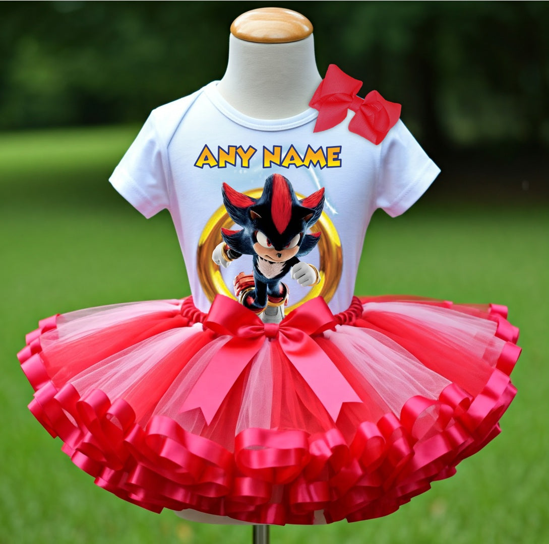 Sonic the Hedgehog Shadow Tutu Set Girls Personalized Custom Hot Pink Red Ribbon Sewn Trim Tutu Outfit Dress Theme Cake Smash Party