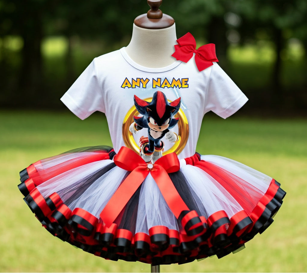 Sonic the Hedgehog Shadow Tutu Set Girls Personalized Custom White Black Red Ribbon Sewn Trim Tutu Outfit Dress Theme Cake Smash Party