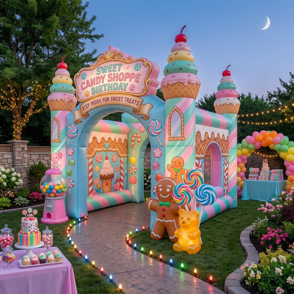 Sweet Shoppe Candy Theme Premium 10' x 10' Birthday House Inflatable Blow Up Walk-Through Archway Experience Decor Prop
