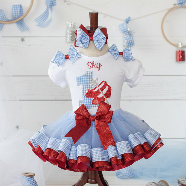 Wizard of Oz Dorothy Tutu Set Girls Personalized Custom Red Blue Ribbon Sewn Trim Tutu Outfit Dress Theme Cake Smash Birthday Party