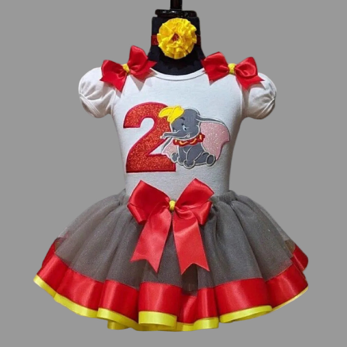 Dumbo Elephant Tutu Set Girls Personalized Custom Red Grey Yellow Ribbon Sewn Trim Tutu Outfit Dress Theme Cake Smash Birthday Party