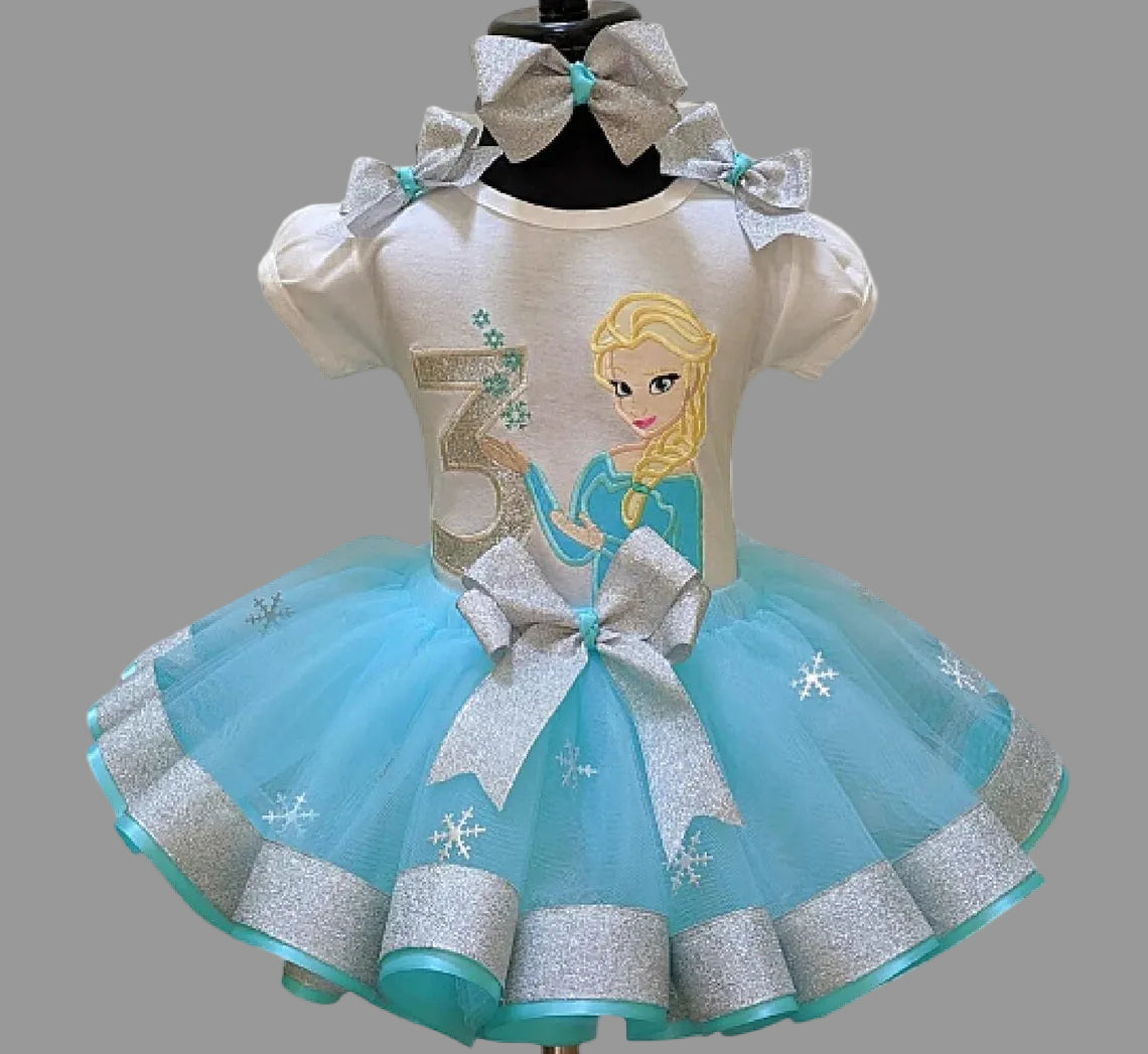 Frozen Princess Elsa Face Tutu Set Girls Personalized Custom Silver Blue Ribbon Sewn Trim Tutu Outfit Dress Theme Cake Smash Birthday Party