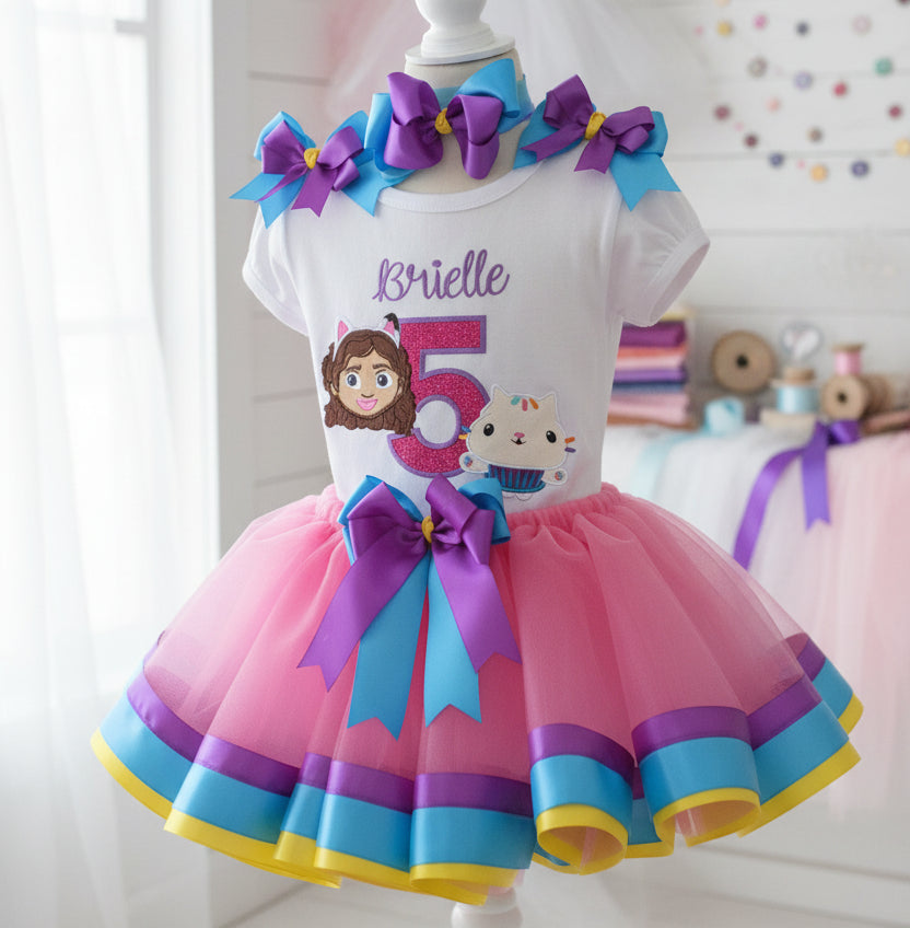 Gabby's Dollhouse Face Tutu Set Girls Personalized Custom Blue Pink Yellow Purple Ribbon Sewn Trim Tutu Outfit Dress Theme Cake Smash Birthday Party
