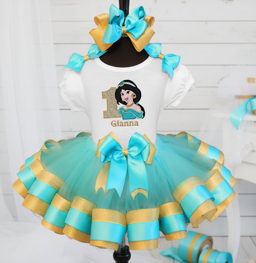 Princess Jasmine Face Tutu Set Girls Personalized Custom Blue Gold Ribbon Sewn Trim Tutu Outfit Dress Theme Cake Smash Birthday Party