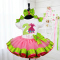 Trolls Poppy Face Tutu Set Girls Personalized Custom Pink Lime Green Ribbon Sewn Trim Tutu Outfit Dress Theme Cake Smash Birthday Party